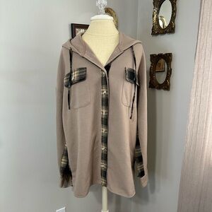 Plaid Accent Hoodie Waffle Knit Jacket